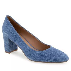 AEROSOLES Women's Ebel Round Toe Pump Heels Blue Jean Denim Suede